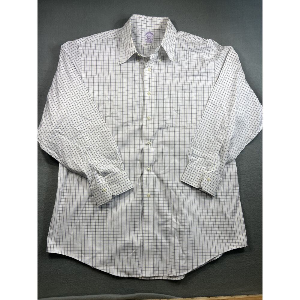 Brooks Brother Classic Long Sleeve White Blue Windowpane with Pocket Shirt 17/33